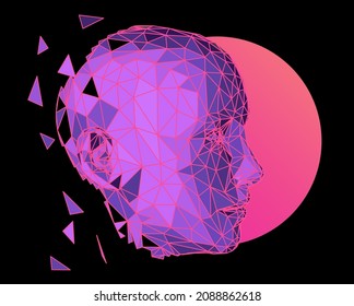 3D low poly wireframe model of a human head made of triangular pieces. Concept illustration of Artificial intelligence and Neural Network.