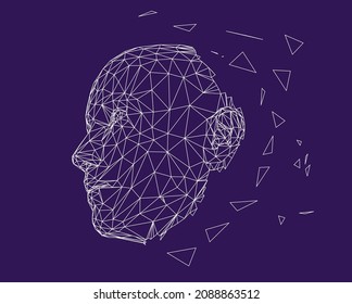 3D low poly wireframe model of a human head made of triangular particles. Conceptual illustration of Artificial intelligence.