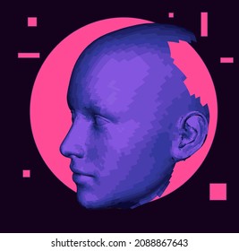 3D low poly wireframe model of a human head made of triangular particles. Conceptual illustration of Artificial intelligence and Neural Network.
