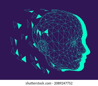 3D low poly wireframe model of a human head made of triangular particles. Conceptual illustration of Artificial intelligence and Neural Network.