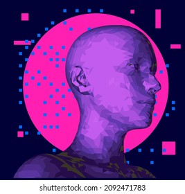 3D low poly wireframe model of a human head made of triangular particles. Conceptual illustration of Artificial intelligence.