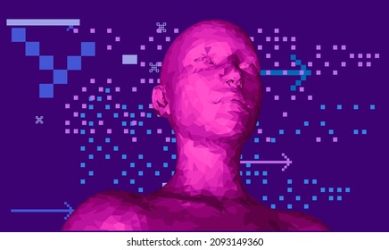3D low poly wireframe model of a human head made of triangular particles. Conceptual illustration of Artificial intelligence and Neural Network.