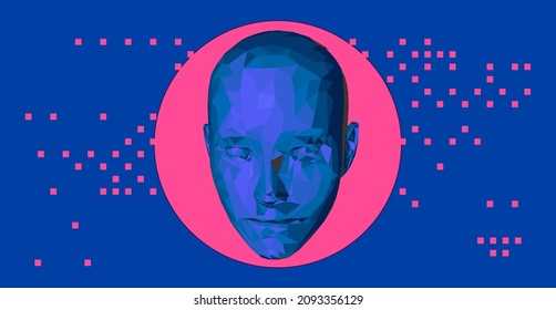 3D low poly wireframe model of a human head. Conceptual image of artificial intelligence, Deep Learning and Face recognition systems.