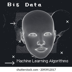 3D low poly wireframe model of a human head with pixel artifacts. Conceptual image of AI (artificial intelligence), VR (virtual reality), Deep Learning and Face recognition systems.