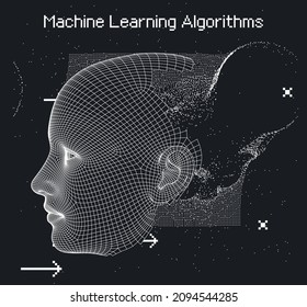 3D Low Poly Wireframe Model Of A Human Head With Pixel Artifacts. Conceptual Image Of AI (artificial Intelligence), VR (virtual Reality), Deep Learning.