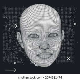 3D low poly wireframe model of a human head with pixel artifacts. Conceptual image of AI (artificial intelligence), VR (virtual reality), Deep Learning and Face recognition systems.