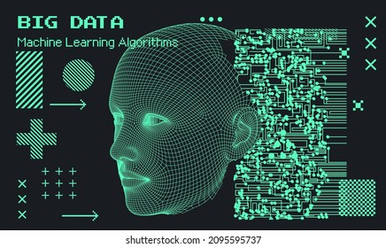 Modelo 3D de alambre de popa baja de cabeza humana y circuito electrónico. Ilustración conceptual de inteligencia artificial y ciberseguridad.