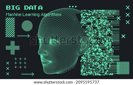 3D low poly wireframe model of a human head and electronic circuit. Conceptual illustration of Artificial intelligence and Cyber Security.