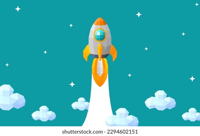 El cohete de dibujos animados 3D de polígono bajo se eleva sobre la nube a velocidad de potencia. Proyecto de inicio Nuevo concepto de negocio para presentación, banner, afiche y fondo. Ilustración vectorial Diseño plano.