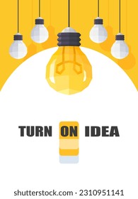 3d Low polygon Creative Idea with light bulb and turn on idea switch on yellow background. Vector illustration flat design for banner, poster, tips, and wallpaper. Suggestion concept.	