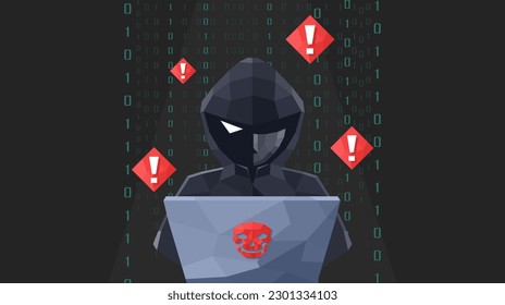 3D Low Polygon Thief Hacker attacks web security by laptop. fraud scam blackmail and steal user private data on devices. vector illustration flat design for cyber criminal awareness concept.