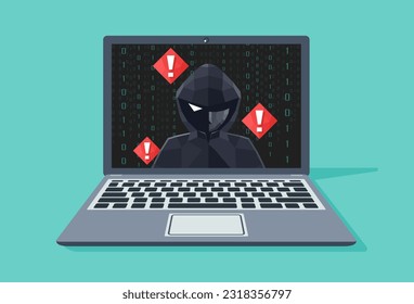 Hacker de ladrones de polígonos bajos 3D ataca la seguridad web por laptop. fraude fraude chantaje y robo de datos privados de usuarios en dispositivos. ilustración vectorial de diseño plano para el concepto de conciencia del delito cibernético.