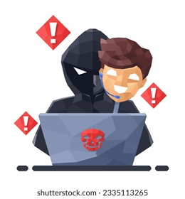 3D Low-Poly-Thief Hacker verkleidet als falsche Call-Center. Betrug betrügerisch und stehlen private Daten auf Geräten. Vektorgrafik-Flachdesign für Cyberkriminalitätskonzept.