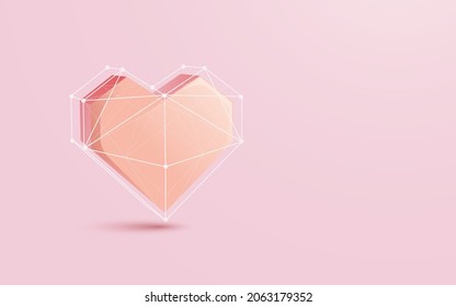 3d low polygonal hearts on Soft pink pastel background. Line, triangles, and particle style design. Abstract geometric wireframe light connection structure. Vector illustration