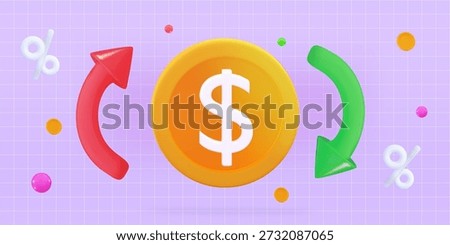 3d low price Dollar coin with arrow down and up Financial loss or growth, increase or low of revenue