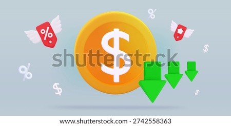 3d low price Dollar coin with arrow down Financial loss or growth, increase or low of revenue Price increase and decrease
