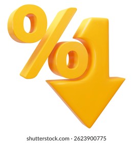 3d low price icon. Yellow percent with arrow down. Crisis concept sign. Stock vector illustration on isolated background.