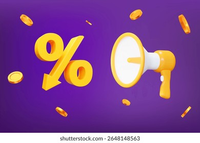 3d low price icon. Yellow percent with arrow down, megaphone, flying gold coins. Crisis concept sign. Stock vector illustration on purple isolated background.	
