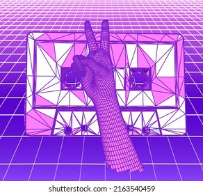 3D low-poly hand and music cassette. Retrowave style vector illustration in neon violet colors.