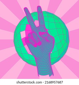 3D low-poly hand showing peace sign on pink background.