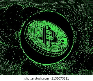 3D-Low-Poly-Illustration von Bitcoin-Kryptowährung-Münze auf dunklem Hintergrund.