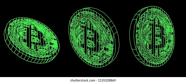 3D low-poly illustration of bitcoin cryptocurrency coin on a dark background.