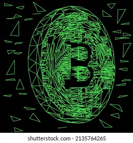 3D-Low-Poly-Illustration von Bitcoin-Kryptowährung-Münze auf dunklem Hintergrund.