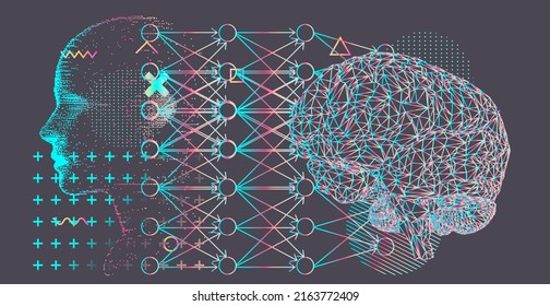 3D low-poly illustration of a human brain and neural network graph.