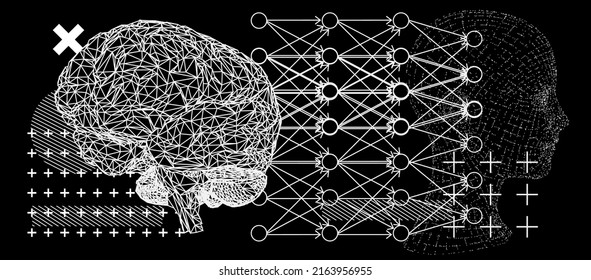 3D Low-Poly-Abbildung eines menschlichen Gehirns und neuronalen Netzdiagramms.