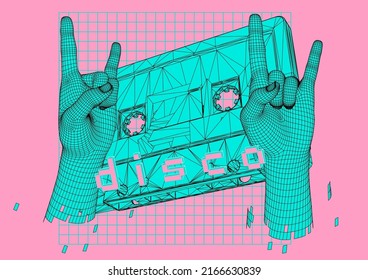 3D low-poly model of a music cassette and hands. Retro the 90's style vector illustration.