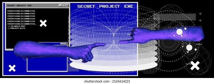 3D low-poly models of hands about to touch each other, as in the "Creation of Adam" scene. Sci-fi futuristic style illustration.