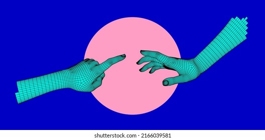 3D low-poly models of hands about to touch each other, as in the "Creation of Adam" scene. Trendy vector illustration for poster, cover, print.