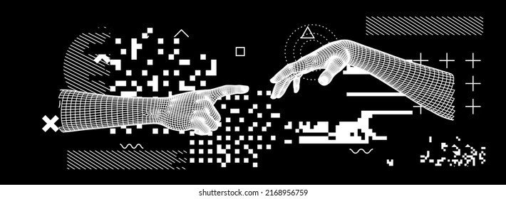 3D low-poly models of hands about to touch each other, as in the "Creation of Adam" scene. Trendy vector illustration for poster, cover, print.