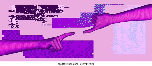 3D low-poly models of hands about to touch each other, as in the "Creation of Adam" scene. Trendy vector illustration for poster, cover, print.