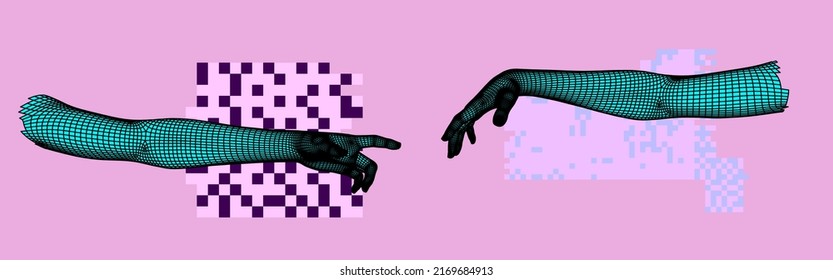3D low-poly models of hands about to touch each other, as in the "Creation of Adam" scene. Trendy vector illustration for poster, cover, print.