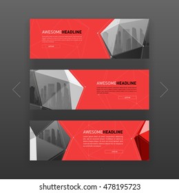 3d lowpoly solid abstract corporate banner or web slideshow template. Horizontal advertising business banner or website slider layout templates set for investment, construction, technology.