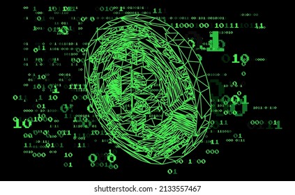 3D low-polygon bitcoin cryptocurrency on a dark background with a binary code.