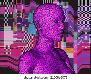3D low-polygonal model of a human head on a pixelated and glitchy background. Conceptual illustration of Artificial intelligence.