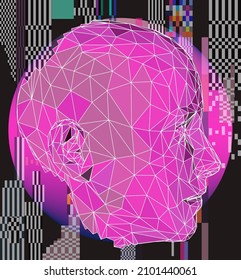 3D low-polygonal model of a human head on a glitchy background. Conceptual illustration of Artificial intelligence.