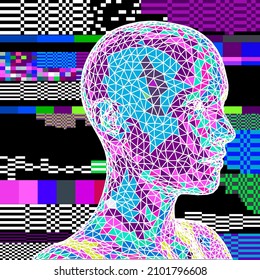 3D low-polygonal model of a human head on a pixelated and glitchy background. Conceptual illustration of Artificial intelligence and Cyber Security.