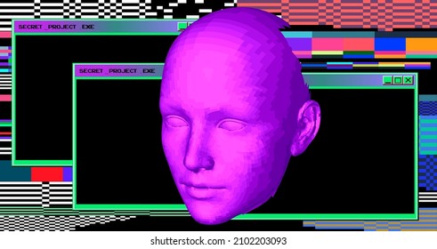 3D low-polygonal model of a human head on a pixelated and glitchy background. Conceptual illustration of Artificial intelligence and Cyber Security.