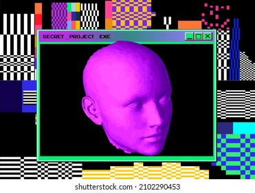 3D low-polygonal model of a human head on a pixelated and glitchy background. Conceptual illustration of Artificial intelligence and Cyber Security.