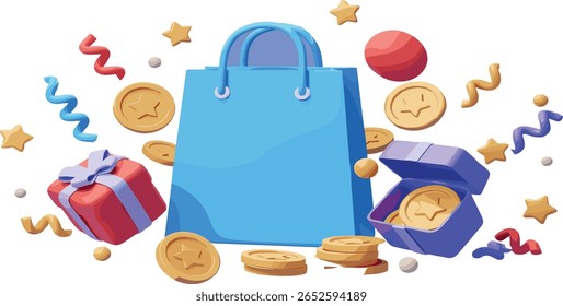 3D Loyalty program concept with gift boxes, shopping bag and floating coin. Money prize reward.