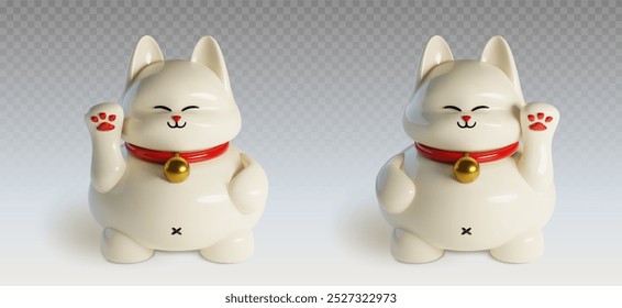 3d gato sortudo. Ilustração animal bonito japonês. Fortune for money tradição figurino objeto em colarinho vermelho com bola de ouro. Cultura da Ásia retrô acenando como mascote para a coleção de ativos isolados de riqueza.