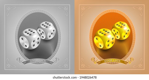 3d lucky gold and silver spherical dice with shadows in oval pattern