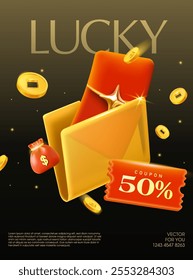 3d glückliches Geld in einem Ordner mit Coupon und goldenen Münzen fliegen herum, einzeln auf dunklem Hintergrund. Gutschein Bargeld zurück Karte Banner Vorlage in 3D Vektor