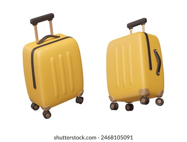 3d luggage in different angles. Travel bag on wheels. Plastic suitcase render. Cartoon tourism element isolated on white background. Vector illustration.