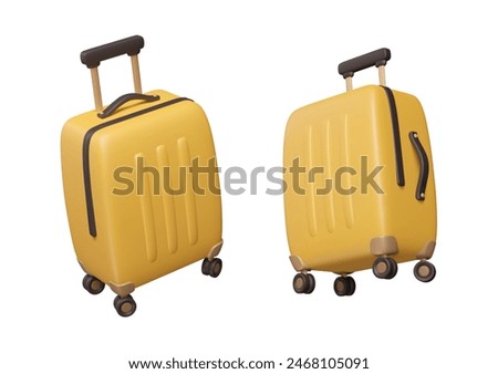 3d luggage in different angles. Travel bag on wheels. Plastic suitcase render. Cartoon tourism element isolated on white background. Vector illustration.