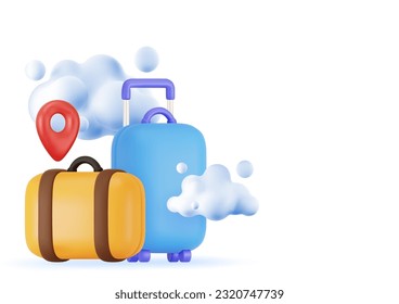 3d luggage icon set. Vector render 3d background symbol of vacation and summer holidays. Luggage background for design.