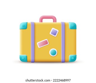 3D luggage, vacation icon. Render yellow suitcase for holiday, tourism, travel, booking and time to travel concept. 3d luggage vector cartoon minimal illustration